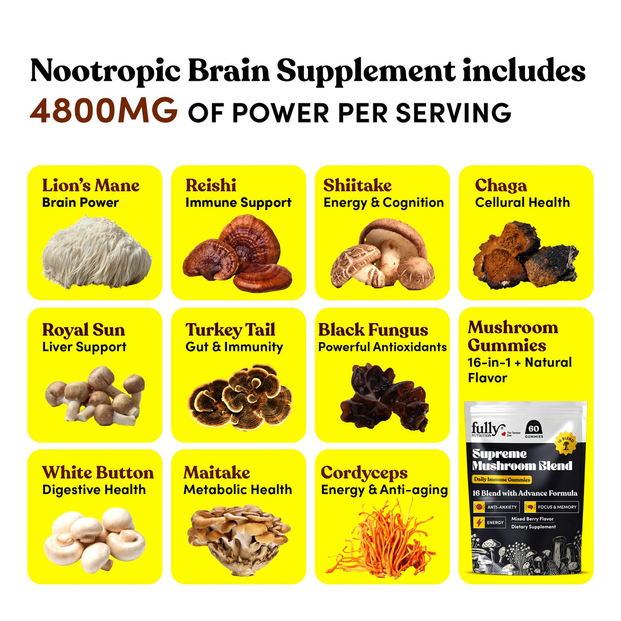 16 in 1 Blend Mushrooms Gummies for Adults - Lion's Mane Mushroom Supplement, Focus Gummies with Lions Mane, Lion's Mane Gummies for Adults, Natural Mushroom Supplement for Cognitive Support & Clarity