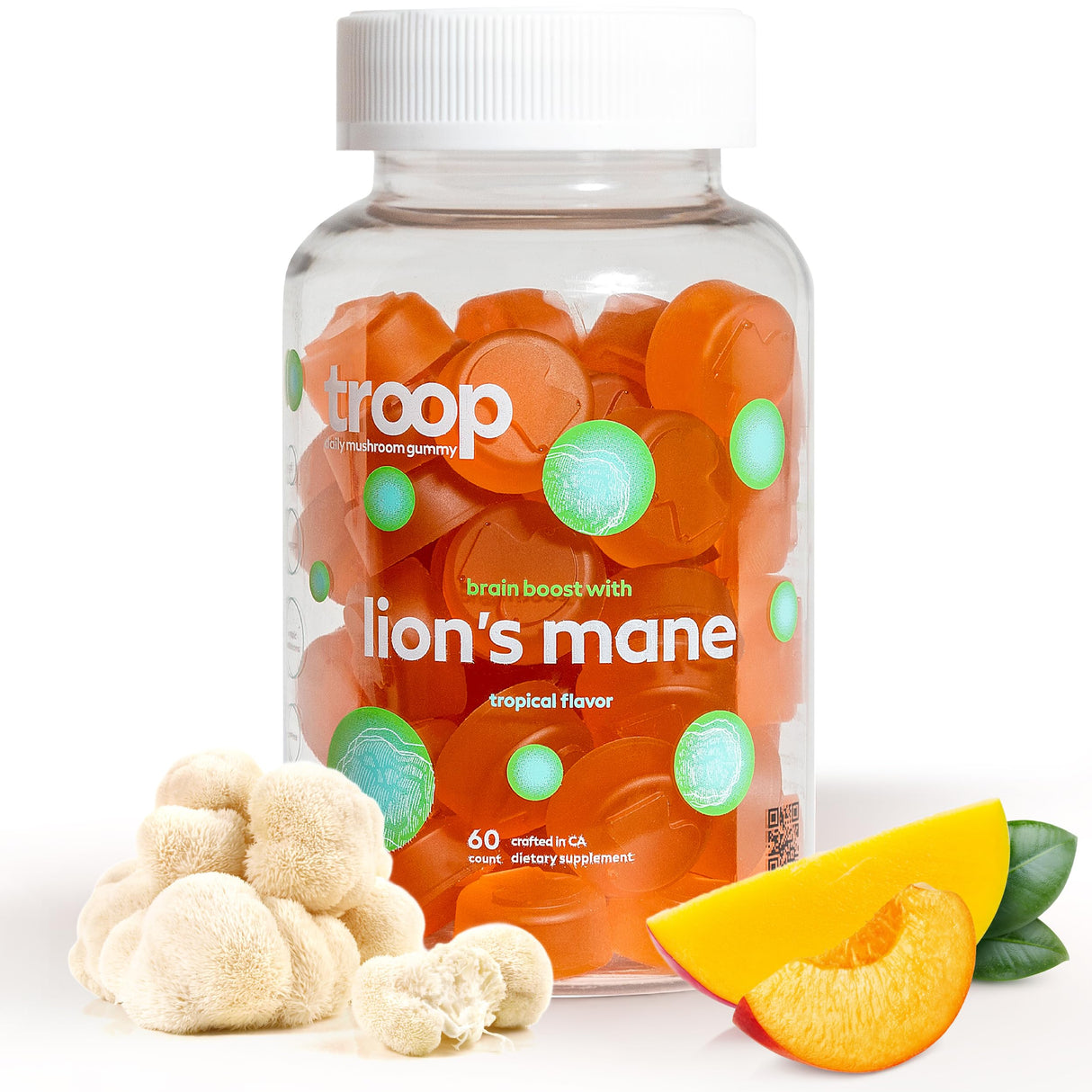 Troop Mushroom Lion's Mane Gummies, Supplement for Focus & Mood, Cognitive, Immune & Memory Support - Brain Boost, Natural Peach Mango Flavored Nootropic with Fruit Body Gummy - Vegan, 60 Count