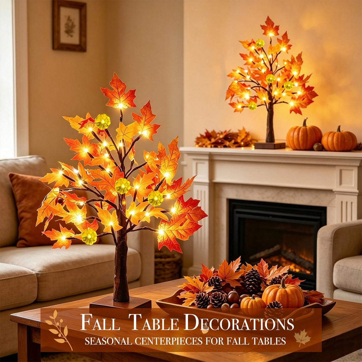 TURNMEON Fall Decor 2 Pack 18 Inch Prelit Fall Maple Tree 48 LEDs Timer