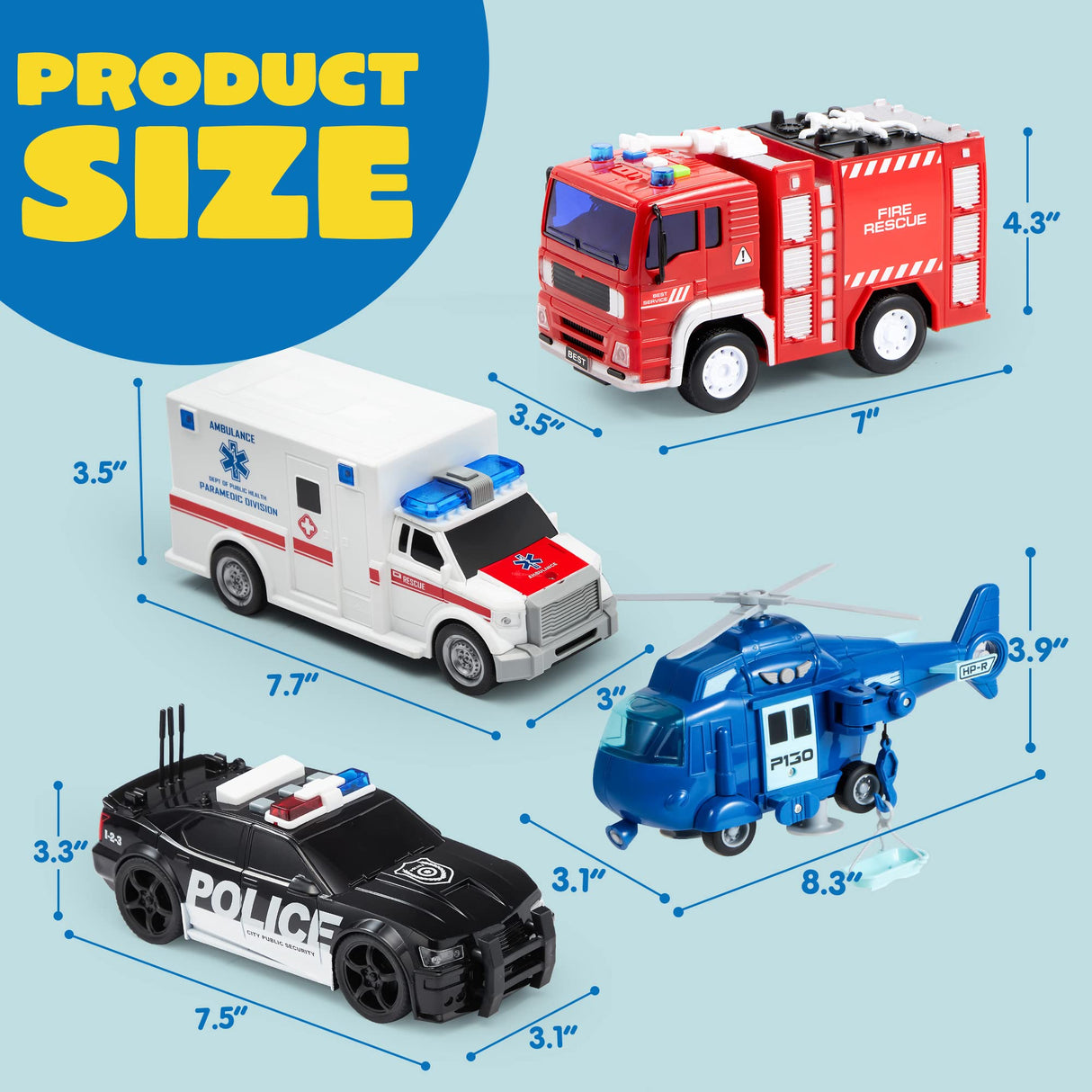 JOYIN 4 Packs Emergency Vehicle Toy Playsets, Friction Powered Vehicles with Light and Sound, Including Fire Truck, Ambulance, Play Police Car and Helicopter, Christmas Toddler Kids Boys Gifts