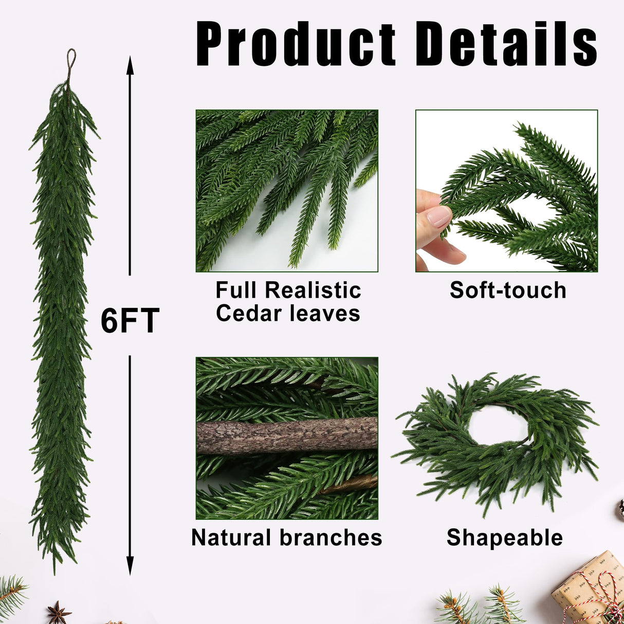 MDSTBN Realistic Christmas Garland Pine Garland Real Touch Green Artificial Greenery Garland Artificial Pine Garlands,for Table Mantle Wall Indoor Outdoor Christmas All-Season Decorations-6FT