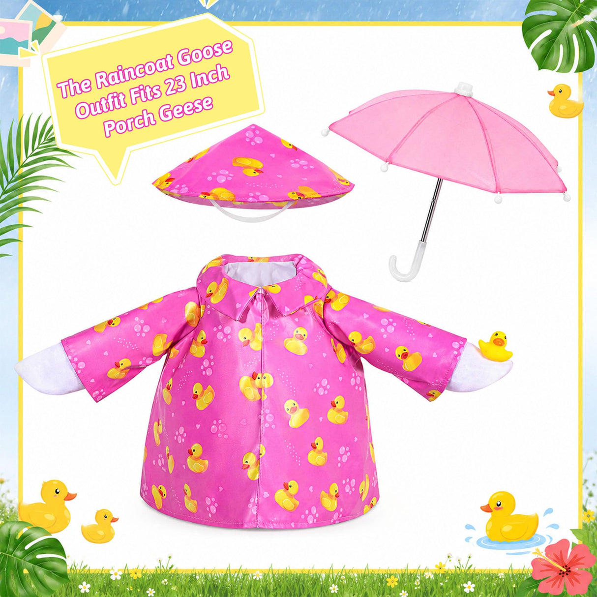 JcHrmers Summer Goose Outfit Porch Goose Raincoat Outfits 23" Yard Geese Rain Jacket with Hat Umbrella Duck for Geese Statue Outdoor Lawn Garden Patio Decor (Pink)