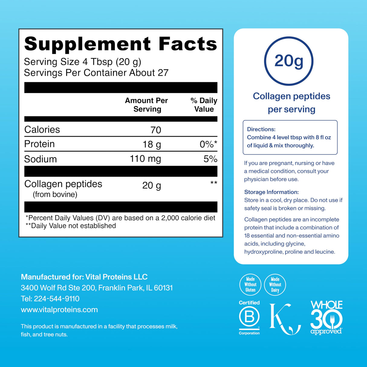 Vital Proteins Collagen Peptides Powder - Grass Fed Collagen Peptides for Hair, Nail, Skin, Bone & Joint Health, Unflavored, 27 Servings