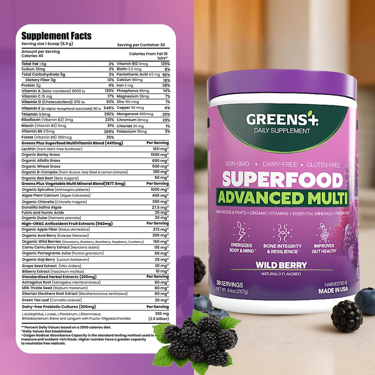 Greens+ Advanced Multi Wild Berry Superfood Powder, Organic Blend, Vegan, Non-GMO, Soy-Free, Dairy-Free, Gluten-Free, Dietary Supplement with Vitamins & Minerals, 9.4 oz