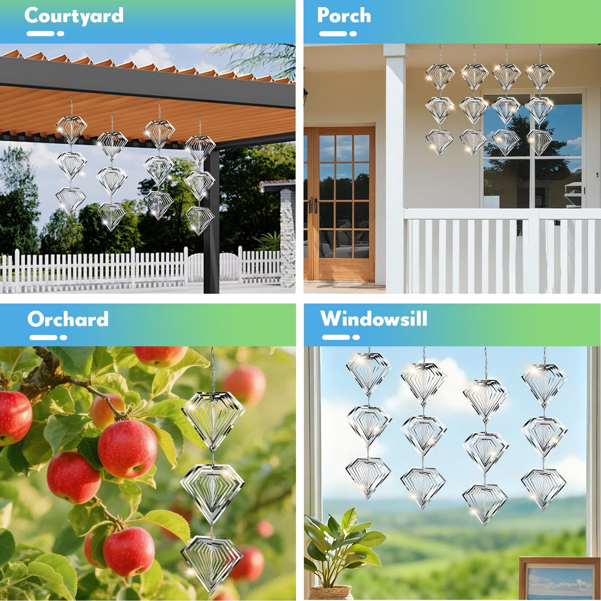 Superlong Bird Deterrents for Outside, 12 Discs Stainless Steel 3D Wind Spinners Garden Decor, 4 Sets Reflective Bird Scare Devices to Keep Woodpeckers, Pigeons Away from Patio, Balcony, Porch, Deck