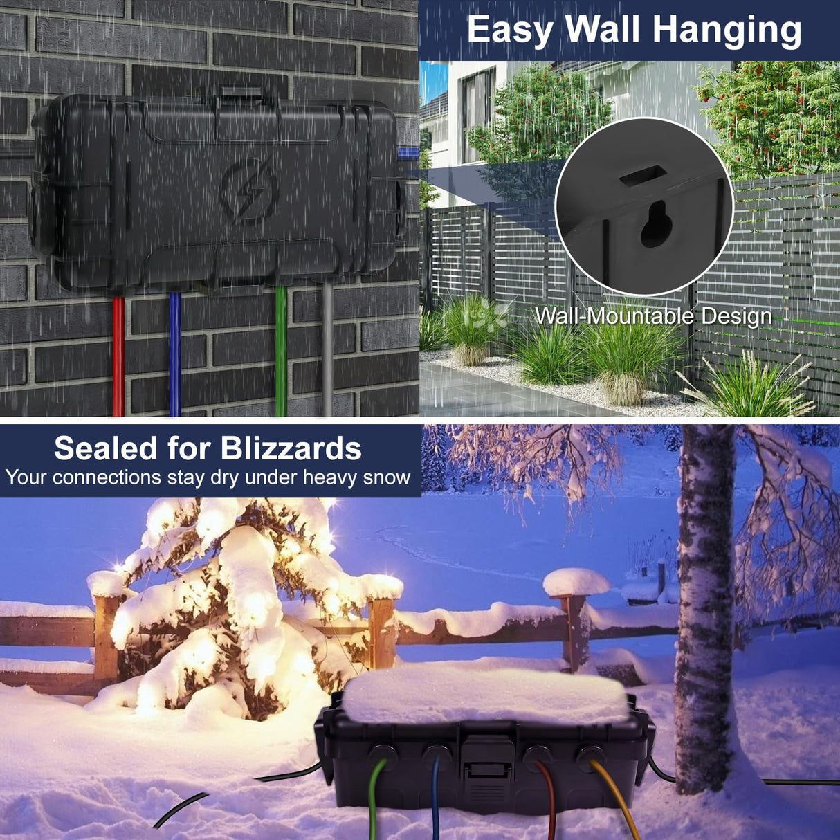 OUTDSPLY Medium Outdoor Electrical Box (11.6x5.2x4.1 inch), IP54 Waterproof Extension Cord Cover w/ 6 Cable Entry, Weatherproof Connection Box for Power Strip, Plug, Timer, Holiday Lights, Black