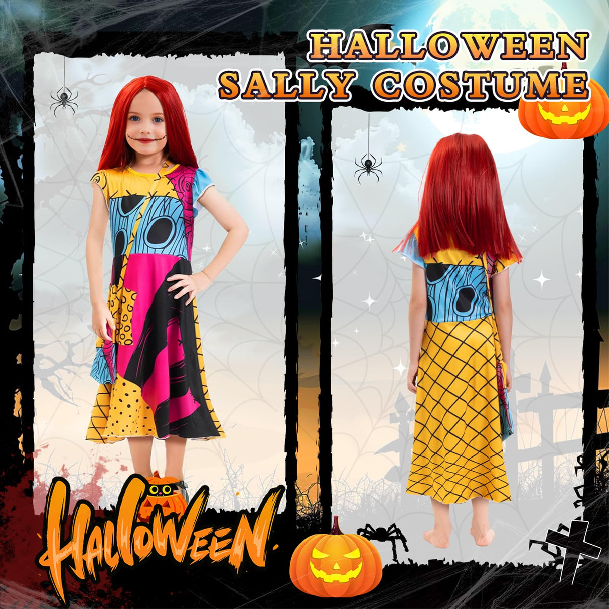 DVDGSC Halloween Sally Costume for Girls: Sally Dress Red Wig Bag - Cosplay Dress Up for Kids - Halloween Christmas Party Outfit (M)