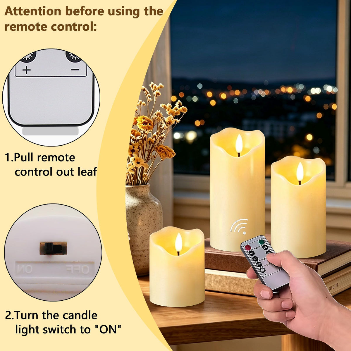 HVOPGEEUAN Flickering flameless Candles, Battery Operated Candles with Remote, led Pillar Candles,Electric Candle Set of 3,Christmas Home Wedding Birthday Decor(Ivory White) 