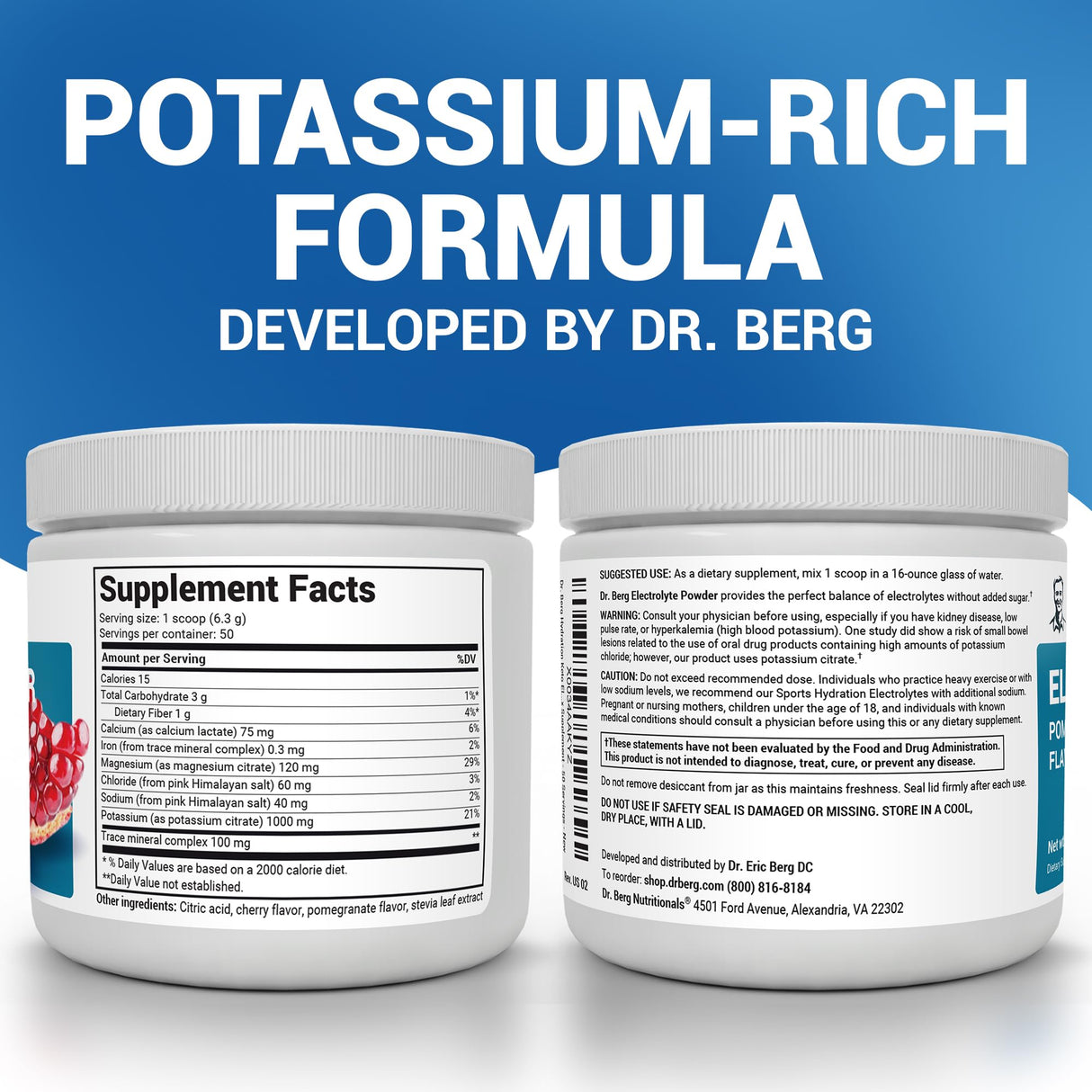 Dr. Berg Zero Sugar Hydration Keto Electrolyte Powder - Enhanced w/ 1000 mg of Potassium & Real Pink Himalayan Salt (NOT Table Salt) - Pomegranate and Cherry Hydration Drink Supplement - 50 Servings