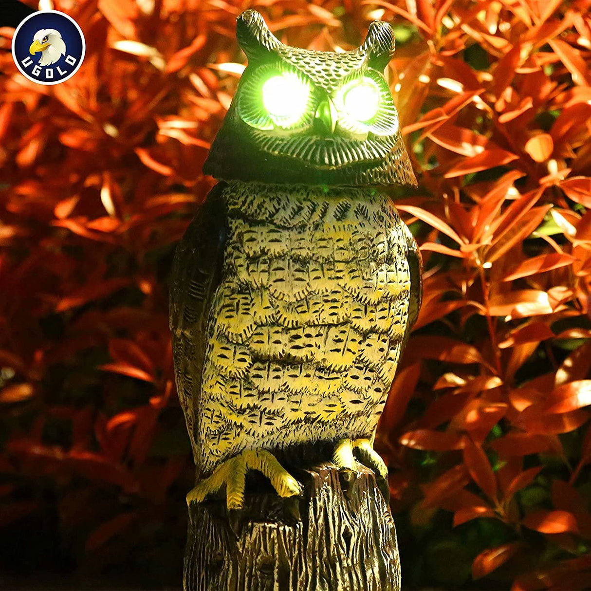 Ugold Solar Powered Owl with Motion Detection, Silent Mode, Flashing Eyes, Rotatable Head and Realistic Hoots, Plastic Owl Decoration for Home, Garden, Patio and Fence