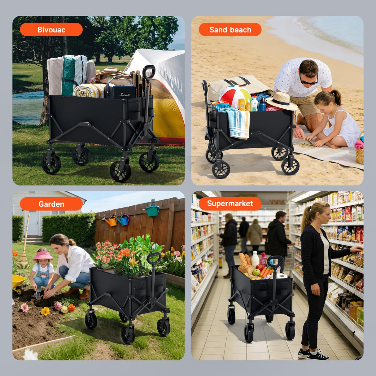Quindom Collapsible Folding Wagon, Wagon Cart Heavy Duty Foldable with Two Drink Holders, Utility Grocery Wagon for Camping Shopping Sports
