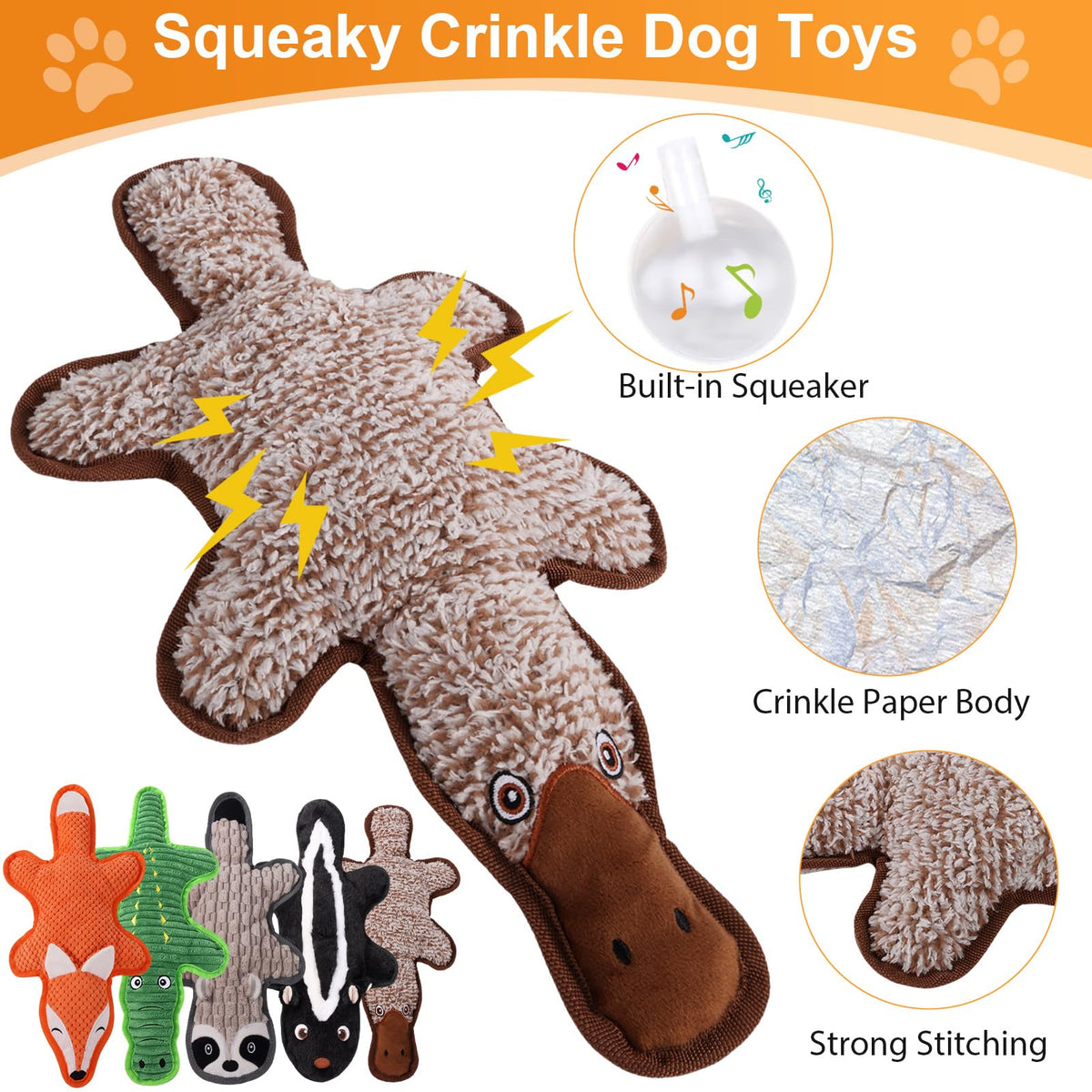 Eneston 5 Pack No Stuffing Squeaky Dog Toys for Large Dogs - Interactive Durable Plush Chew Toy with Crinkle Paper, Safe Pet Toy for Small to Large Breed, Ideal for Puppy Gifts & Tug of War Toys