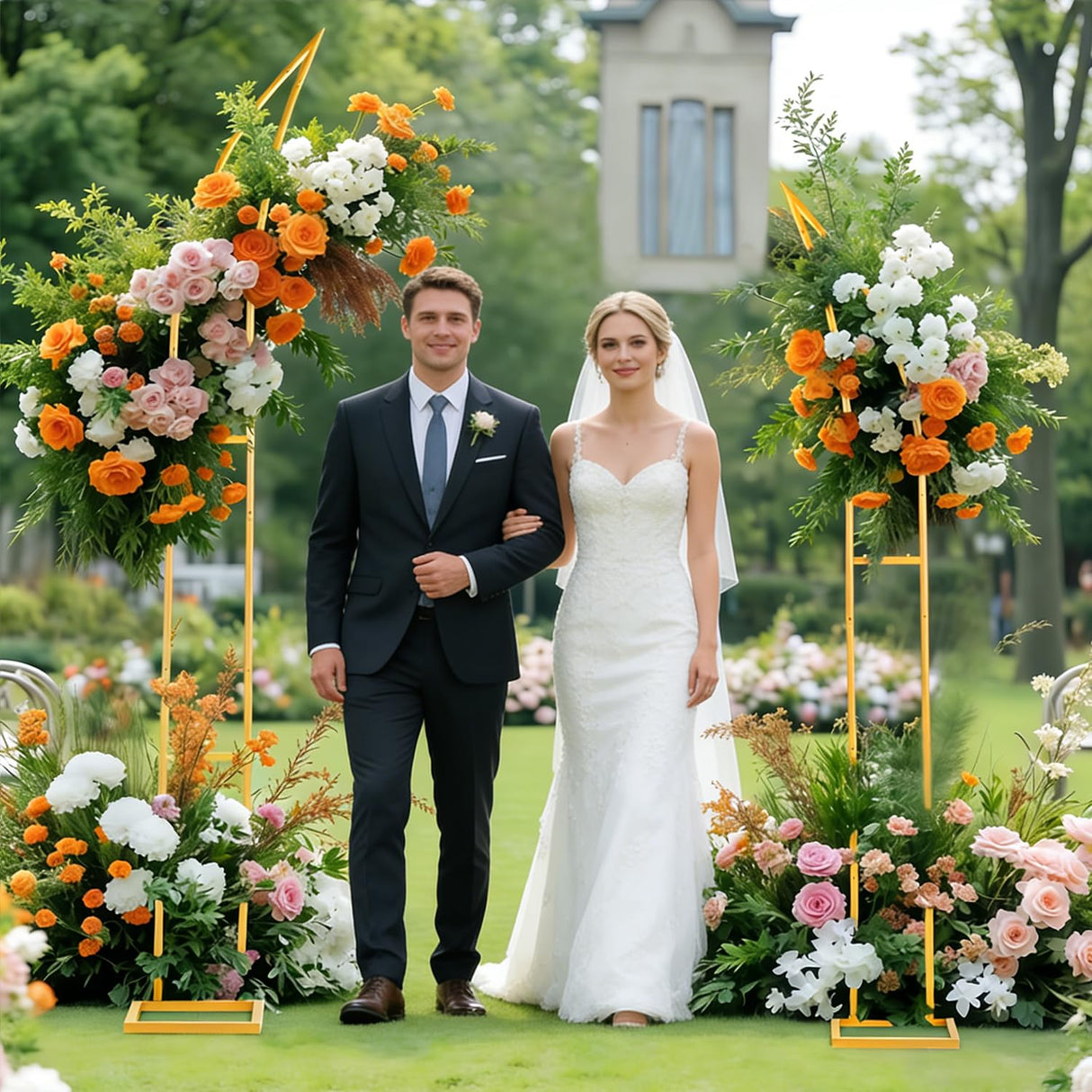 Wedding Flower Arch Stand Kit, 6.9FT & 6.2FT Balloon Moon Arch Backdrop Stand Metal Half Gold for Wedding Proposal Anniversary Bridal Shower Background Stand Party Decorations Indoor & Outdoor