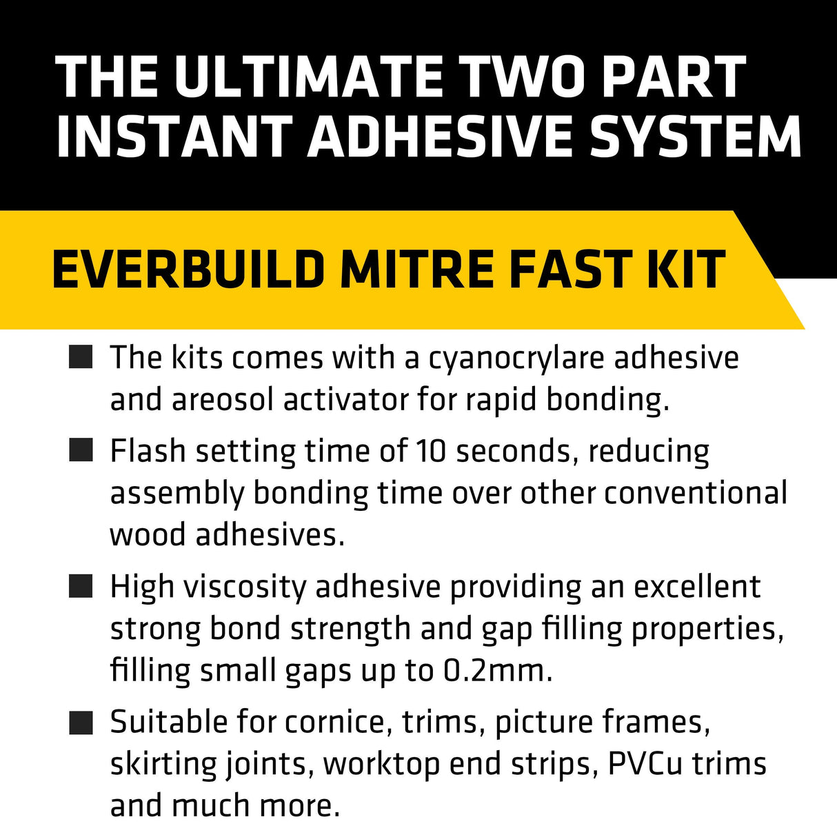 Everbuild Mitre Fast Two Part Instant Bonding Kit, 50g Adhesive & 200ml Activator - Ideal for All Cornice and Profile Mitres, Trims & Picture Frames