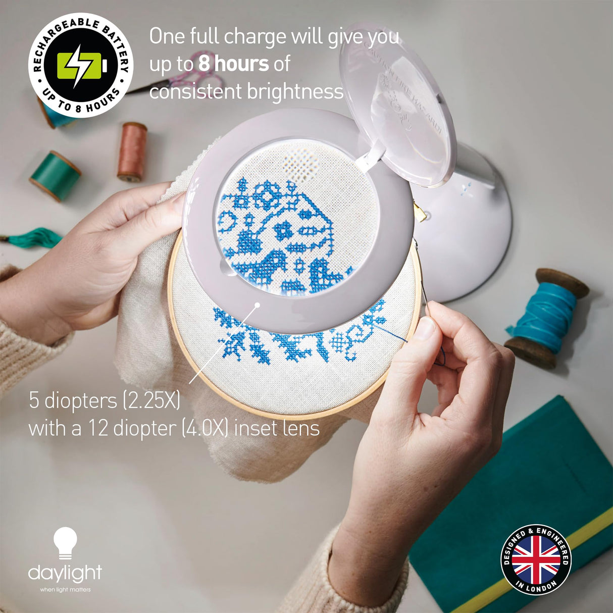 daylight Company Halo Go Magnifier Lamp, Rechargeable USB, Portable, Lightweight, Desk Lamp Reading, Hobbies, Sewing, Crafts, Nail Salon, Handcrafts and More, Colour Temperature: 6,000 K, White