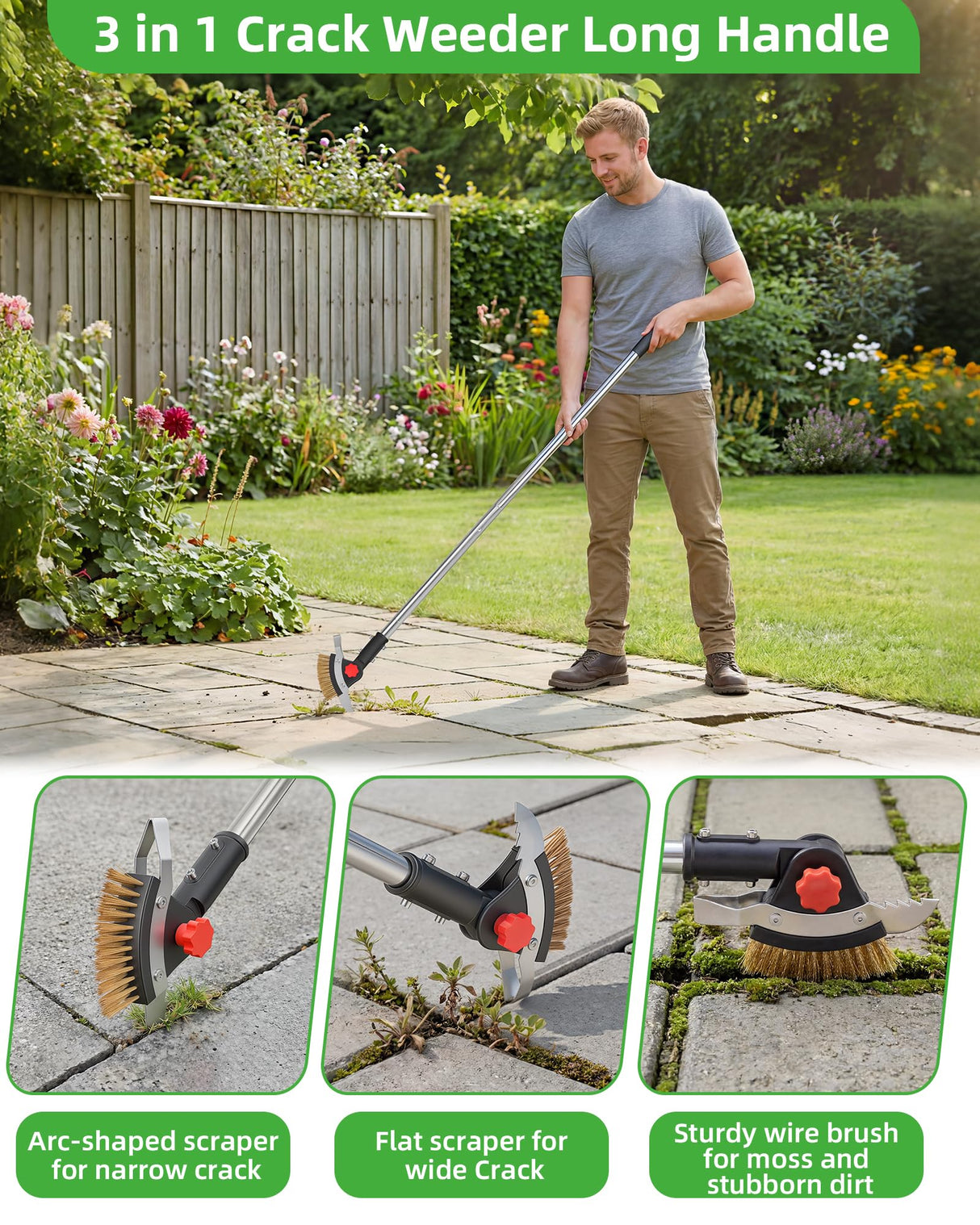 SFTPO 3-in-1 Crack Weeder Long Handle, Adjustable Crevice Weeding Tool with Stainless Steel Weed Brush and 2 Scrapers Weed Puller Tool for Driveway, Sidewalk, Lawn to Remove Weeds Moss Dirt (58.6")
