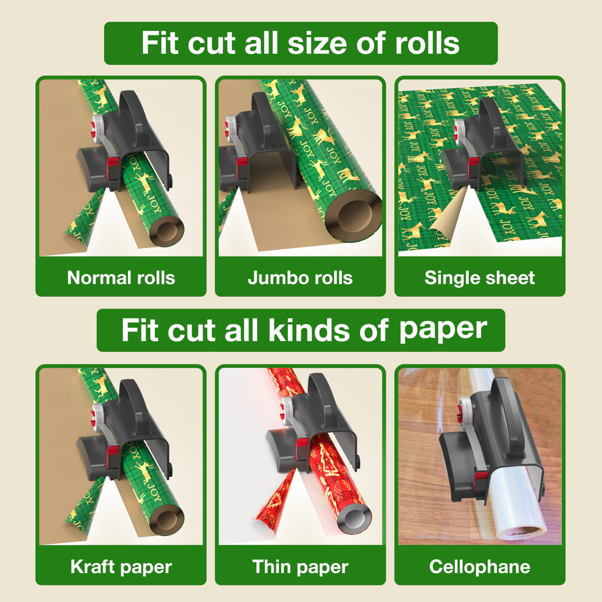 Wraprocut (2-Pack) Wheel Wrapping Paper Cutter & Tape Dispenser with 4 Tapes,2 Replace Blades Kit for Christmas Gift Wrap Cutter Tool Paper Roll Holder Tube Sliding Slicing for Birthday Holiday.
