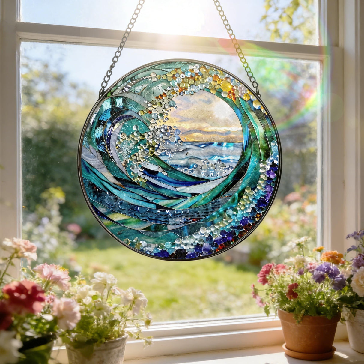 Stained Glass Window Hanging, 7.8" Ocean Wave Stained Glass Suncatcher, Sun Catchers Indoor Window Ornament, Suncatchers for Windows, Doors & Home Decor, Gift for Sea Lovers & Beach Lovers