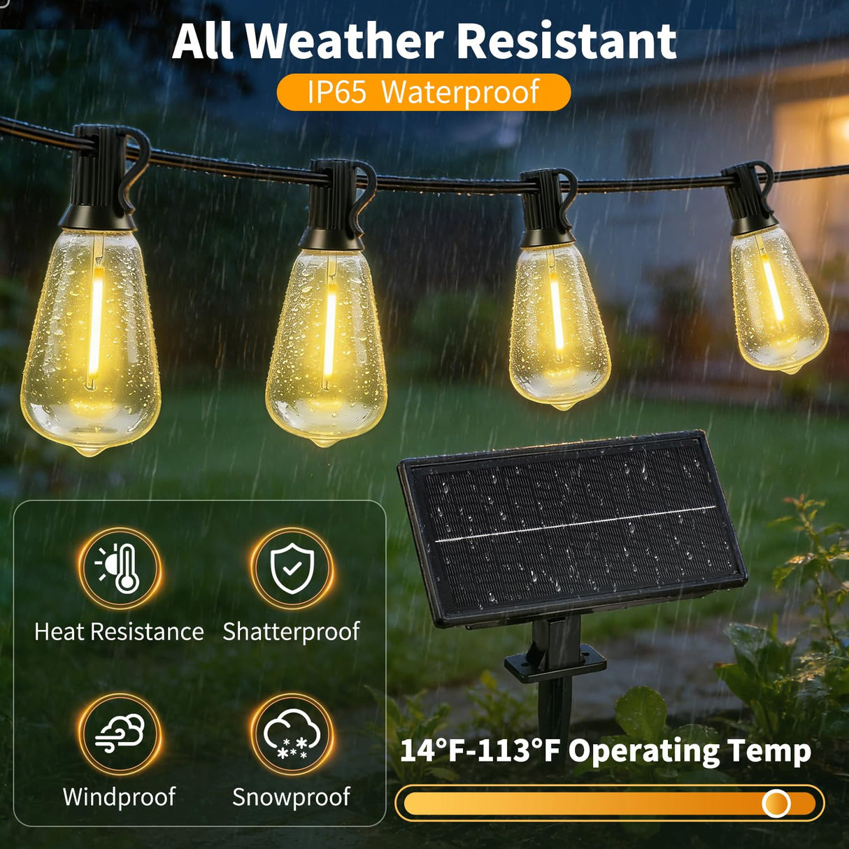 FUANXIEI Outdoor Solar String Lights Waterproof: ST38 50ft Shatterproof Patio Lights - Solar Powered & USB Dual Charging - 3 Modes Button Control - Garden Backyard Gazebo Porch Party Decor