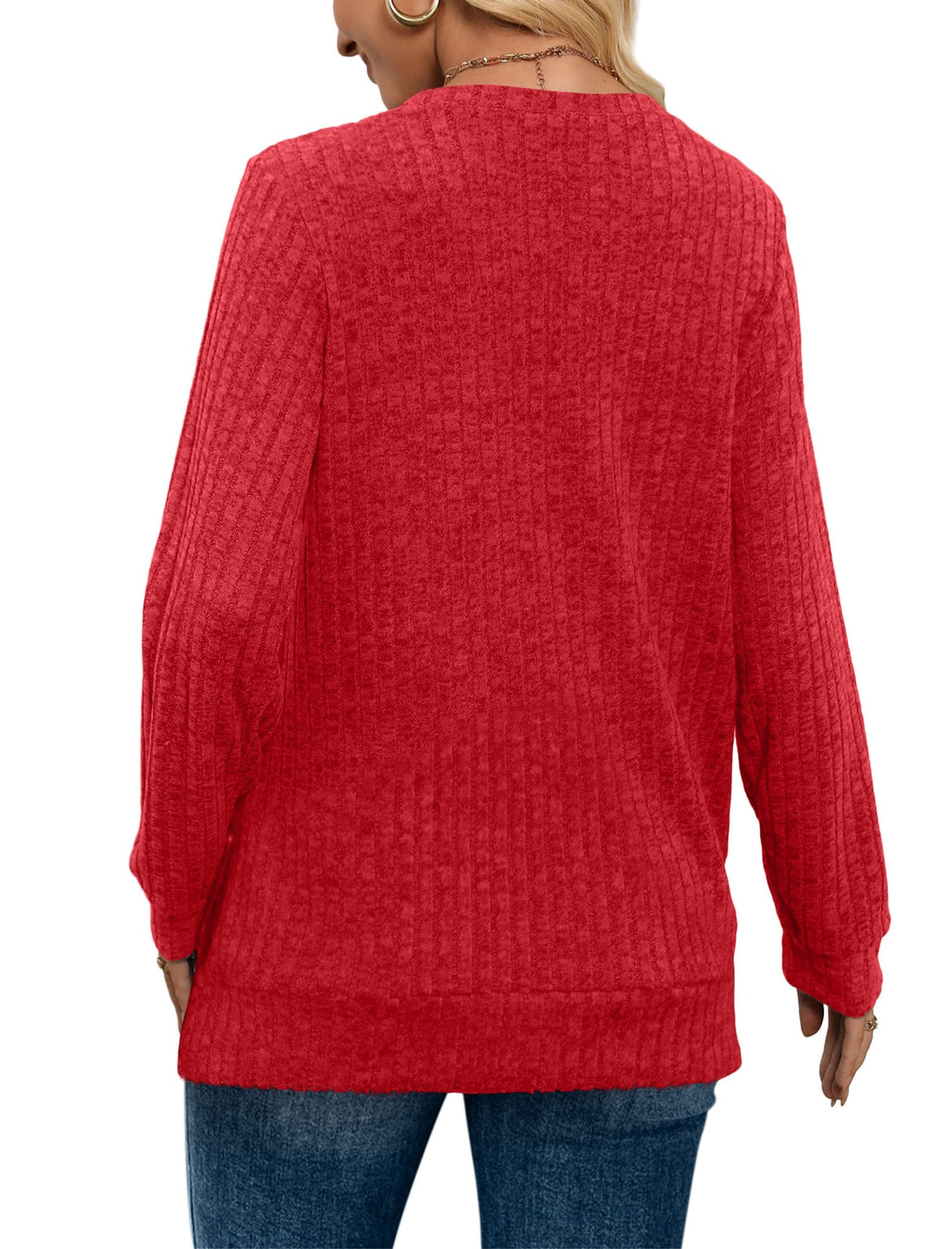 Sampeel Womens Long Sleeve Tops Casual V Neck Fall Shirts Christmas Valentine's Day Sweaters Loose Fit 2025 Red M
