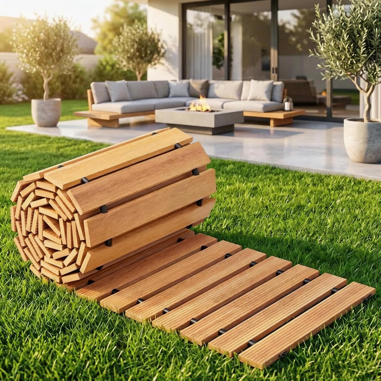 Wooden Garden Pathway Outdoor Walkway - 12 FT Roll Out Outdoor Pathway with Ground Stakes, Boardwalk Pavers for Outside Walkway, Non-Slip Garden Path for Backyard Decor, Lawn Landscaping, Natural