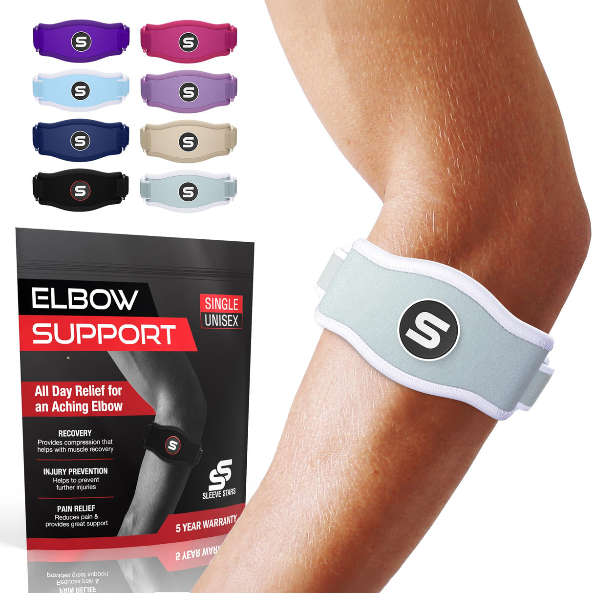 Sleeve Stars Tennis Elbow Brace for Men & Women, Tendonitis Elbow Brace & Strap Golfers Elbow Brace Counterforce Band for Tendon Pain Relief & Support for Forearm w/ 3 Straps Fits 9-23" (Single) (1, Mint Green, One Size)