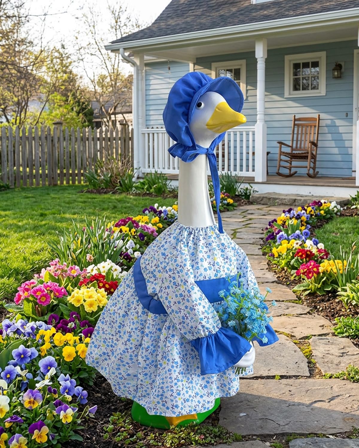GigaCircle Spring Porch Goose Lady Outfits with Artificial Flowers - 23" Floral Dress Lawn Geese Clothes with Hat, Cute Porch Goose Summer Outfits for Patio Garden Decor, Best Gift for Mom Grandma