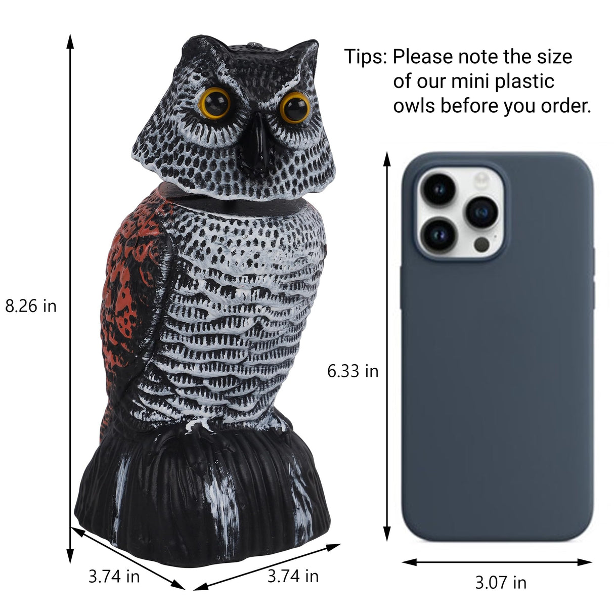 Hausse 3 Pack Bird Scarecrow Mini Fake Owl Decoy Sculpture, 8.26 inch Wagging Head Plastic Small Owl Bird Deterrents, Nature Enemy Horned Pest Repellent for Outdoor Garden Yard