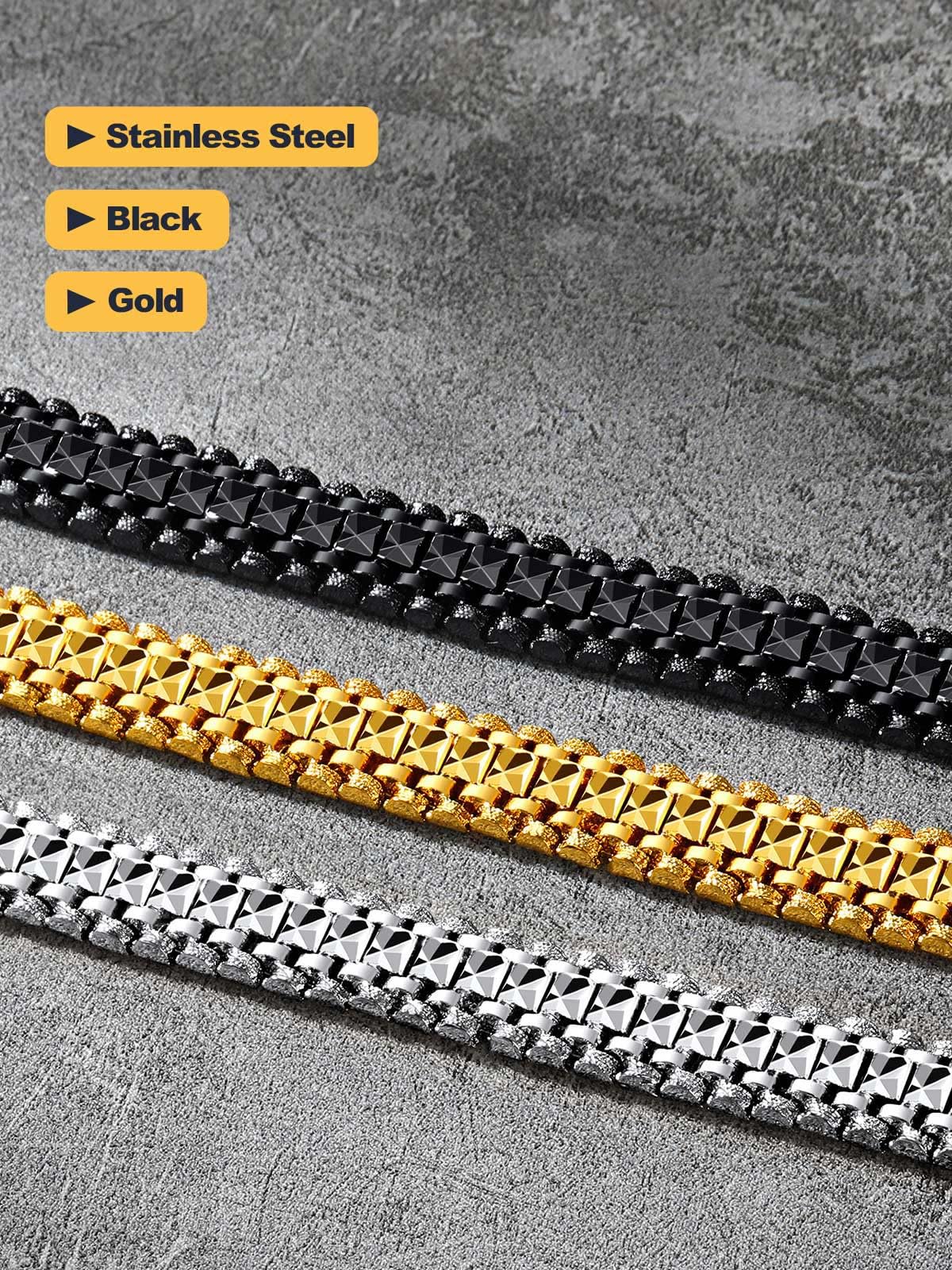 U7 Gold Bracelet for Men,14K Yellow Gold Plated Solid Mens Bracelet 12mm