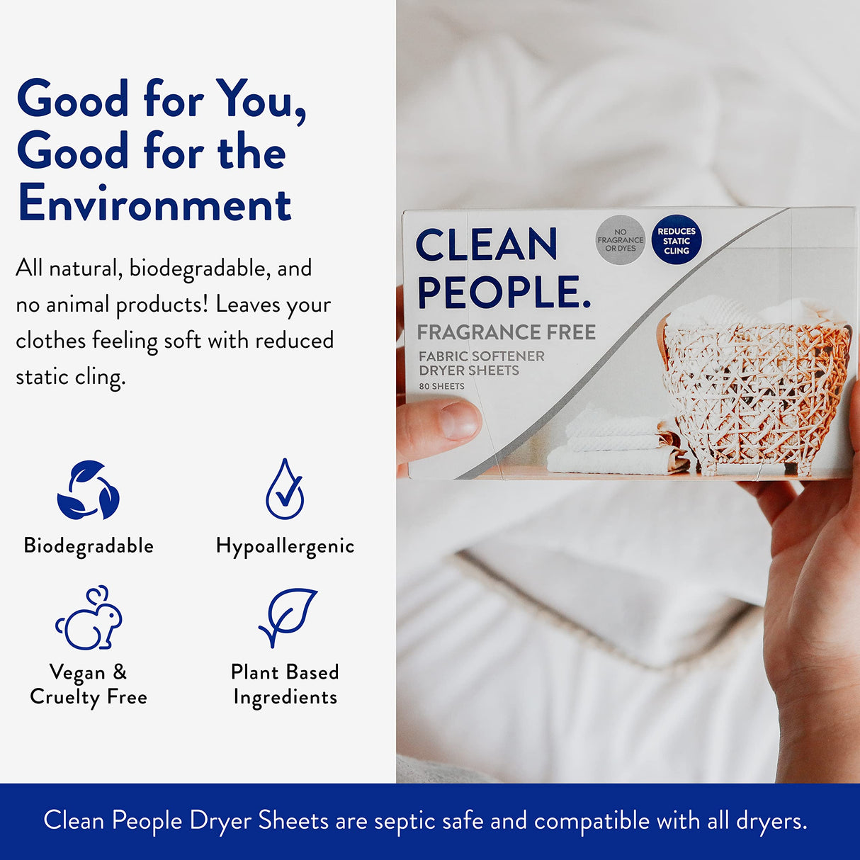 The Clean People Fabric Softener Sheets - Dryer Sheets - Softens & Removes Static Cling - Vegan Laundry Softener, Essential Oils - Fragrance Free 240 Pack