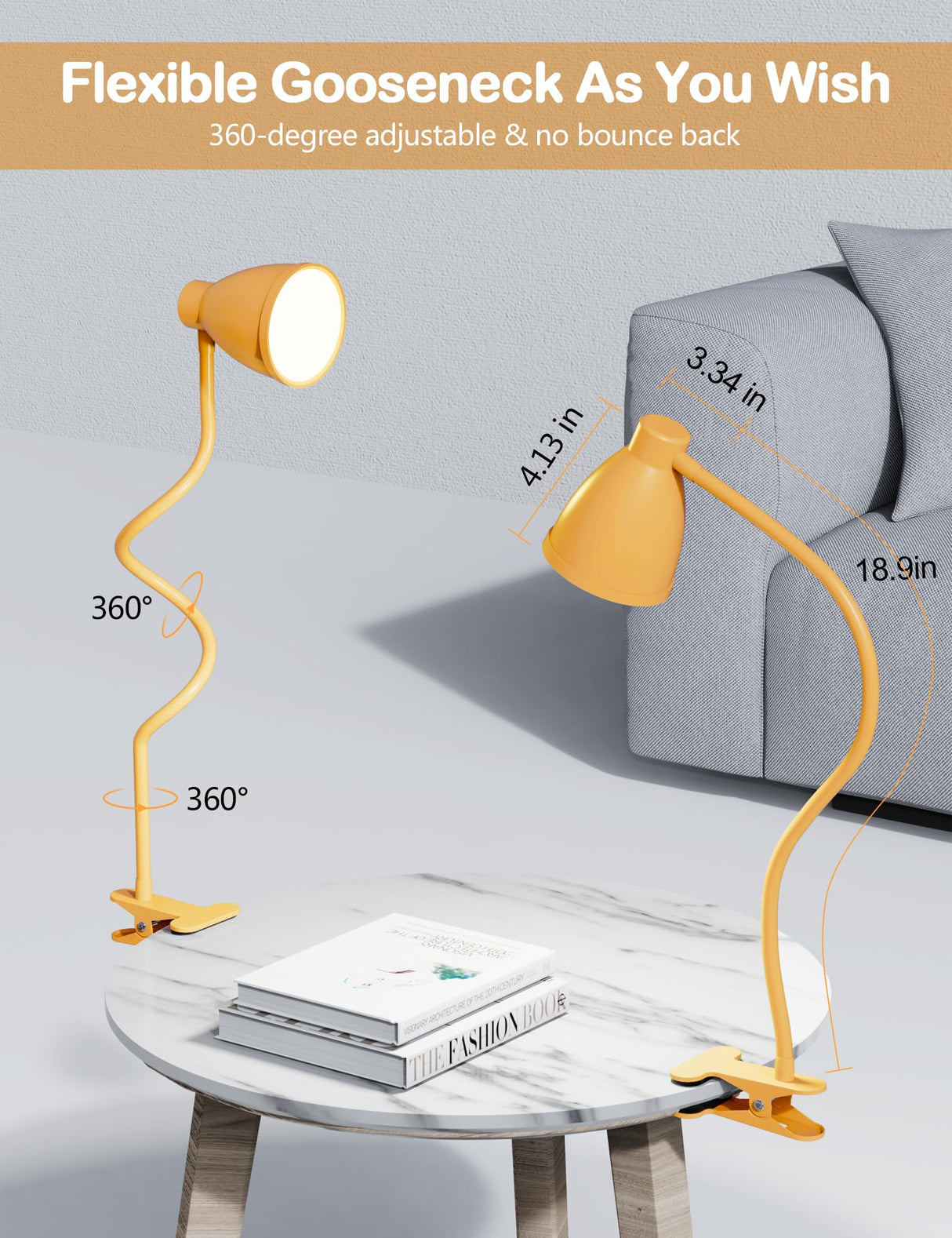 BOHON Clip on Light, 10W 38 LED Desk Lamp with Clamp, 5 Color 10 Brightness Auto Off Timer, Flexible Neck Clip Lamp, Desk Lights for Office Home Bed Bedside Reading, Bright Yellow