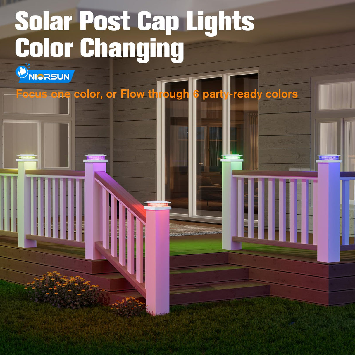 NIORSUN Solar Post Cap Lights Outdoor Waterproof, 4x4 Post Solar Lights RGB Color Changing, Fence Posts Solars Light for Deck Patio Garden Deco, 4x4 Posts Caps Wood Vinyl, 5x5 Vinyl, 12 Pack (White)