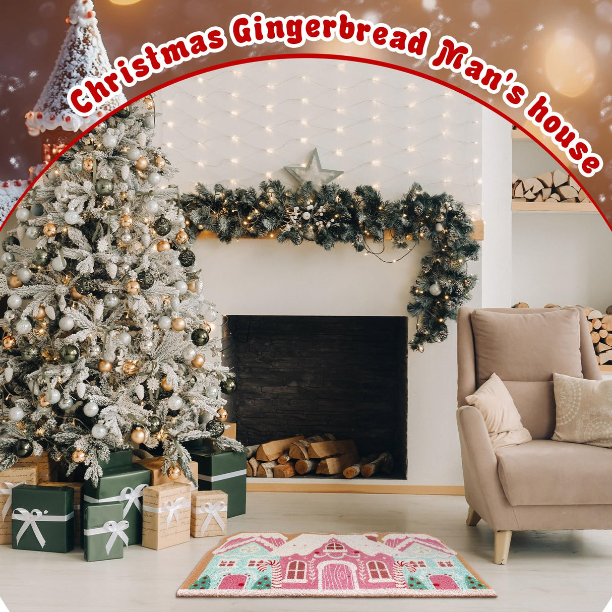 Tinideya Pink Christmas Gingerbread House Doormat 23.6 x 13.7 Inch Pastel Candyland Christmas Welcome Door Mat Cute Gingerbread Artificial Coir Non Slip Entrance Rugs for Indoor Outdoor Kitchen Decor