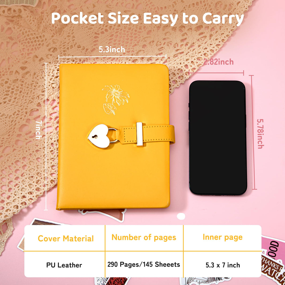 CAGIE Diary with Lock and Key for Girls Heart Shaped Lock Diary for Women PU Leather Kids Journal Secret Notebook with Lock for Travel Cute Diary for Gifts, 5.3 x 7 inches, Yellow