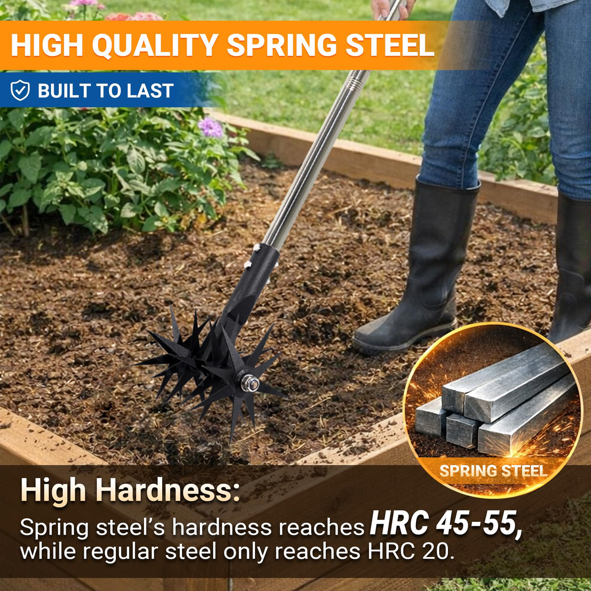 CKLT 66in Rotary Cultivator Garden Tool with Tempered Spring Steel Tines
