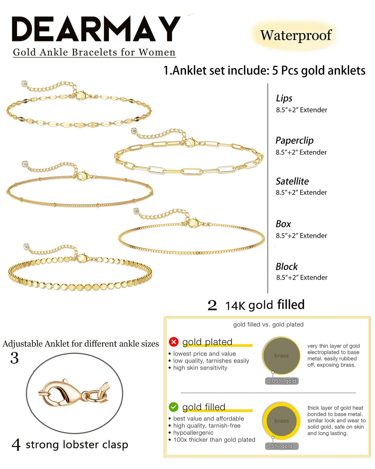 Dainty Gold Anklets for Women Waterproof, Simple14K Gold Palted Stackable Ankle Bracelets Non Tarnish, Thin Box Satellite Lips Dot Paperclip Link Chain Pack, Jewelry Sets for Summer Vacation Beach Swimming Bikini