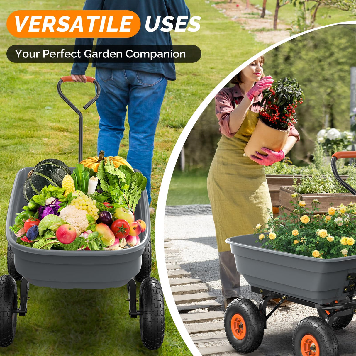 VINGLI Dump Cart Wagon, 440LBS Quick-Release Dump Wheelbarrow, All-Terrain 10" Tires Garden Wagon for Yard, Lawn and Outdoor Use