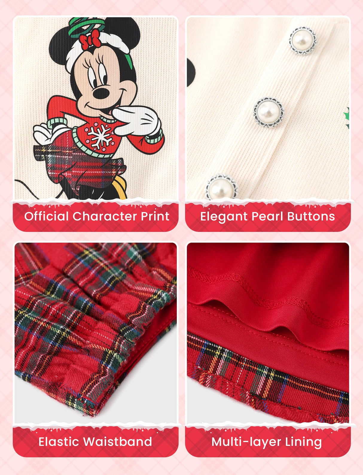 Disney Minnie Mouse Toddler Girl Christmas 2 Piece Outfit Long Sleeve Pearl Button Knit Top & Red Plaid Tweed Skirt Set Birthday Elegant Dress 2T