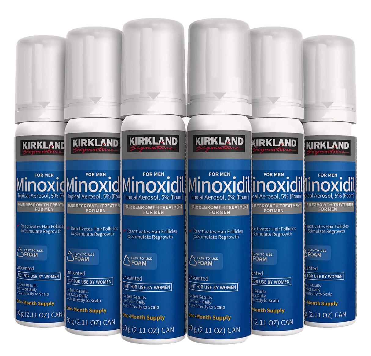 Kirkland Signature Hair Regrowth Treatment Minoxidil Foam for Men, 2.11 oz, 6 Count (6 Month Supply) - Exclusive 2 MicroFiber Cleaning Cloths and Comb Included, Clear