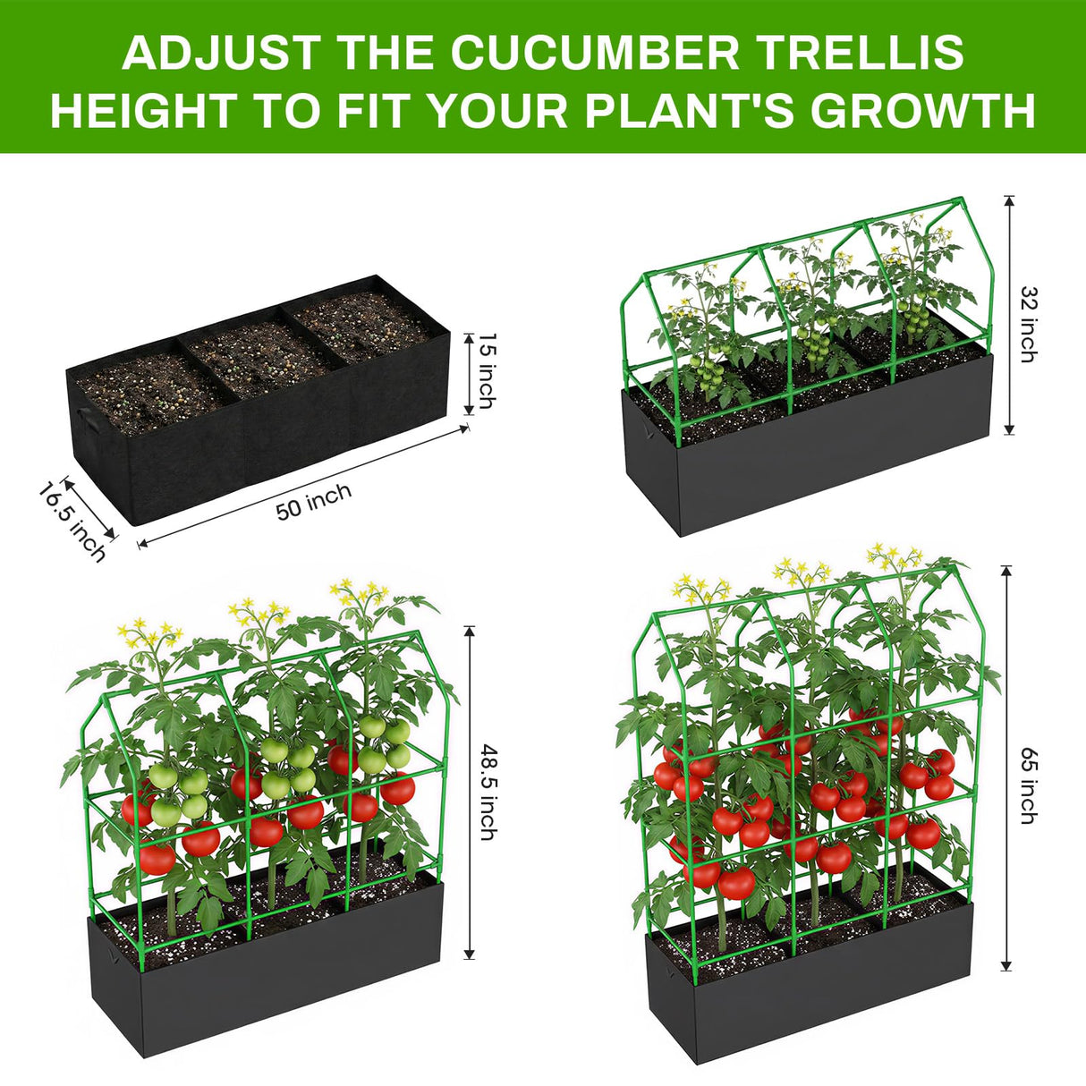MQHUAYU Large Cucumber Trellis with Grow Bag, 65" Tall Metal Garden Trellis for Climbing Plants Outdoor, Reusable Cucumber Trellis for Raised Bed with Netting for Tomatoes, Peas, Grapes Plant Support
