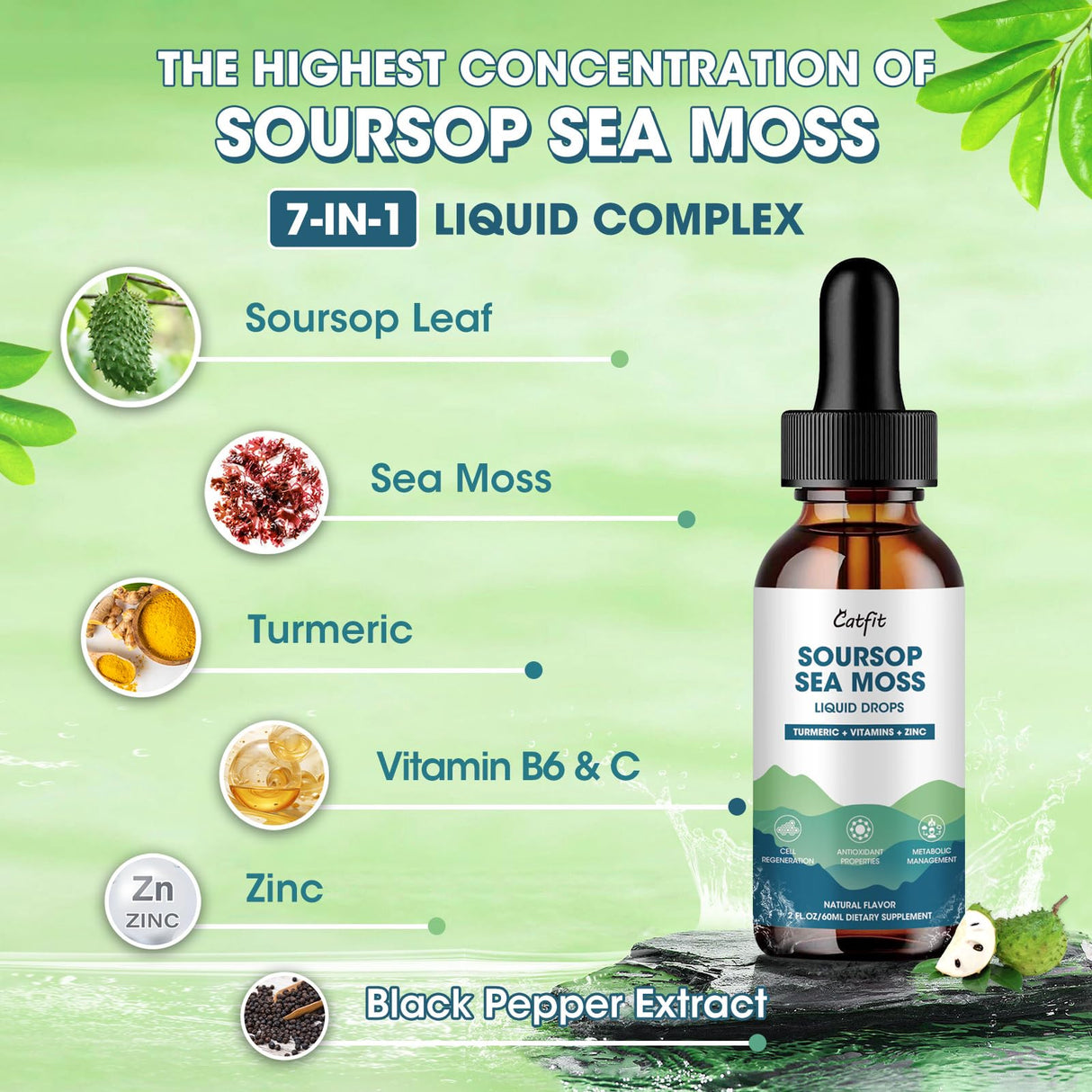 Soursop Graviola Liquid Drop – 2 Pack Soursop Drops with Sea Moss & Turmeric, Cellular Support & Immunity Boost Liquid Supplement, 2 Fl Oz Bottles