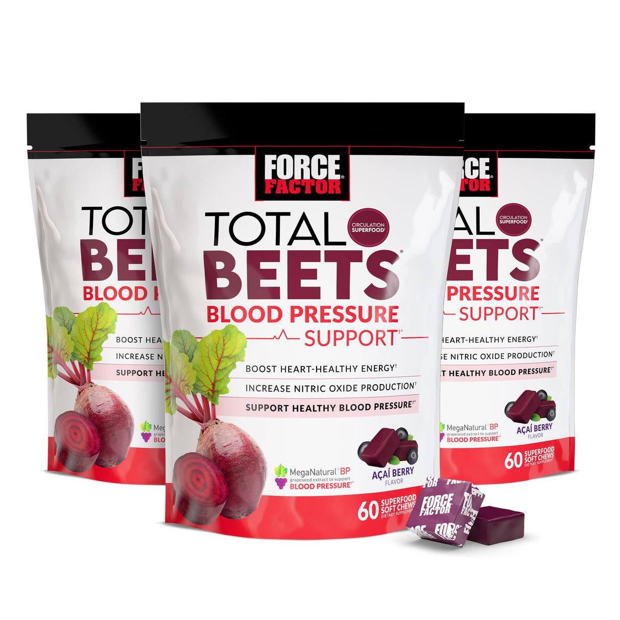 FORCE FACTOR Total Beets Blood Pressure Support Supplement, Beets Supplements with Beets Powder, Great-Tasting Beets Chewables for Heart-Healthy Energy, and Increased Nitric Oxide, 180 Chews, 3-Pack