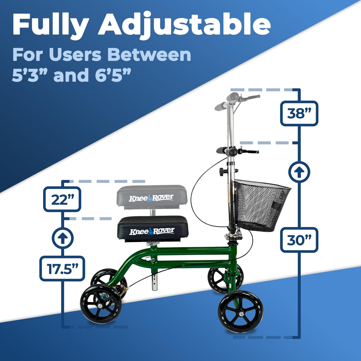 KneeRover Steerable Knee Scooter Knee Walker for Adults for Foot Surgery, Broken Ankle, Foot Injuries - Foldable Knee Rover Scooter for Broken Foot Injured Leg Crutch Alternative with Basket Green