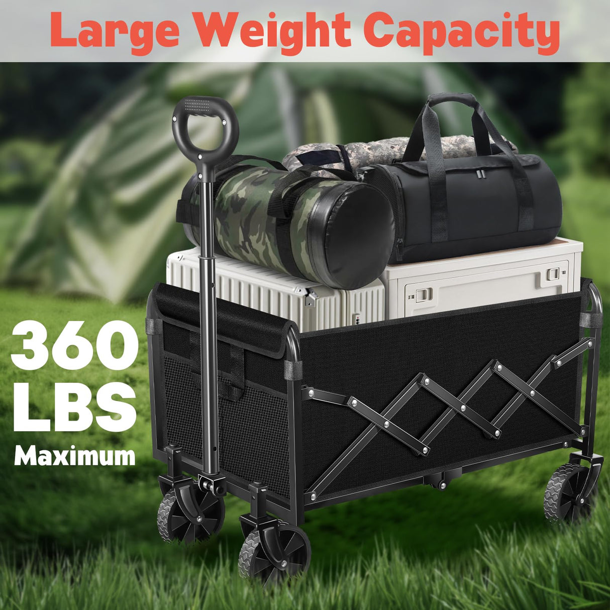 Wagons Carts Foldable,360 lbs Collapsible Wagon with Wheels Foldable Wagon Cart with Flexible Handle,Lightweight Portable Folding Cart for Camping Beach Picinic Grocery Outdoor Sports Shopping(Black)