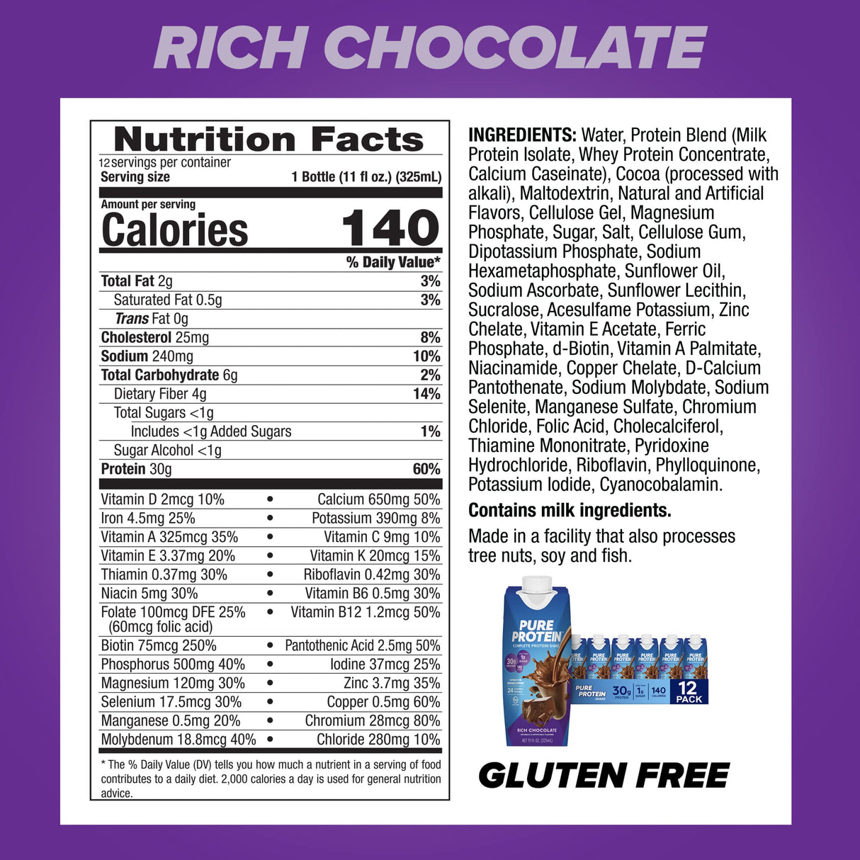 Pure Protein Chocolate Protein Shake, 30g Complete Protein, Ready to Drink and Keto-Friendly, Vitamins A, C, D, and E plus Zinc to Support Immune Health, 11oz Bottles, 12 Pack