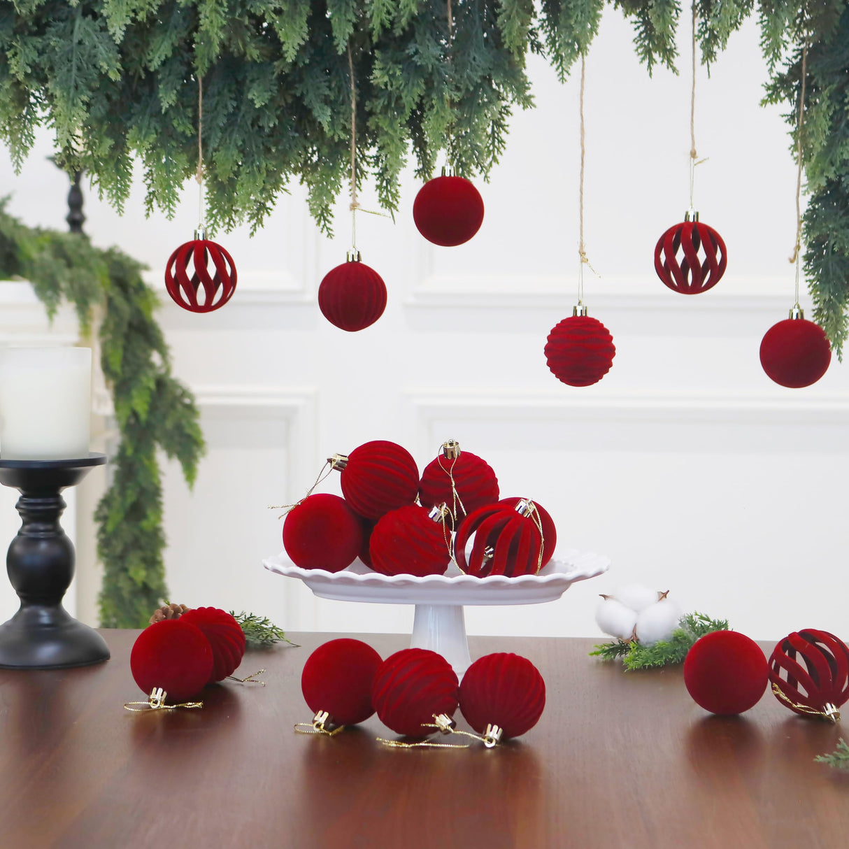 Senjie 3.15inch Burgundy Velvet Christmas Ornaments Balls Flocked Christmas Tree 12PCS Plastic Balls Xmas Hanging Ornaments Decoration Red