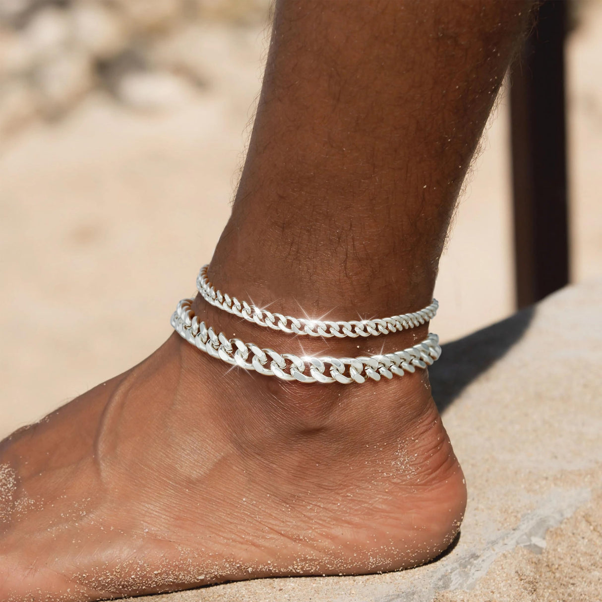 Sterling Silver Ankle Bracelets for Women Waterproof - Dainty Silver Anklets Trendy Layered 925 Silver Plated Stackable Chunky Cuban Link Chian Anklet Bracelet Set for Women Non Tarnish Jewelry Gift