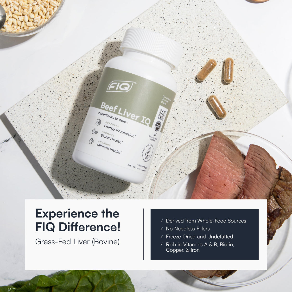 FIQ - Beef Liver IQ - Beef Liver Capsules - Supports Energy Production - Natural Iron, Copper, Vitamin A, & Vitamin B - High Absorption - 120 Capsules