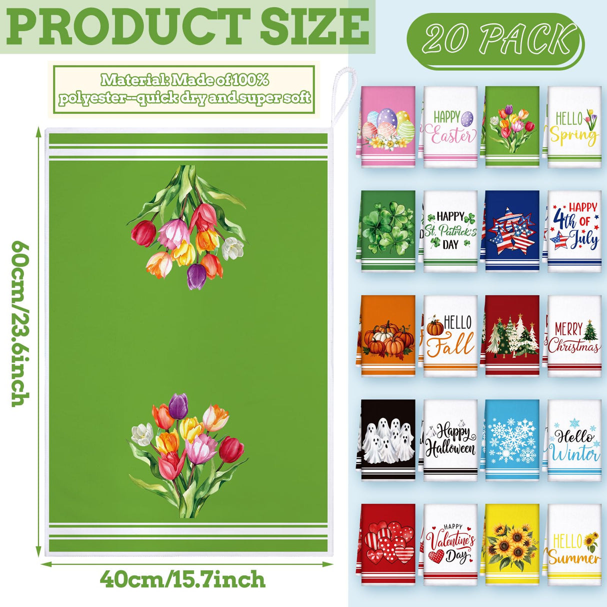 FuWeave 20 Pcs Holiday Kitchen Towels Seasonal Decorative Hand Towels Set Christmas Dish Cloths Winter Valentine's Day 16 x 24 Colorful Wash Cloths with Hanging Loop(Fresh)