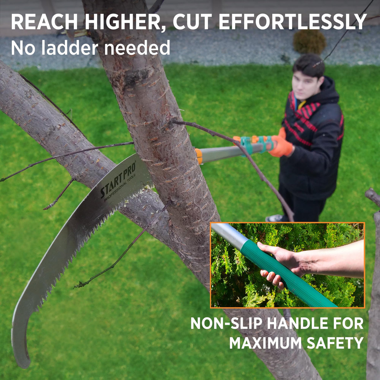 StartPro 23ft Reach Tree Pruning Saw, Telescopic Manual Lightweight Extendable 18ft Pole Saw with Sharp Carbon-Enriched Blade for Efficient Tree Maintenance and High-Reach Branch Cutting.